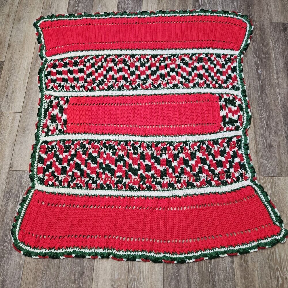 Vintage Handmade Crochet Afghan Blanket Red Green White Christmas Holiday Throw